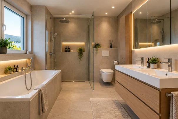 Badezimmer-Inspiration: badewanne, Dusche und breiter Waschplatz