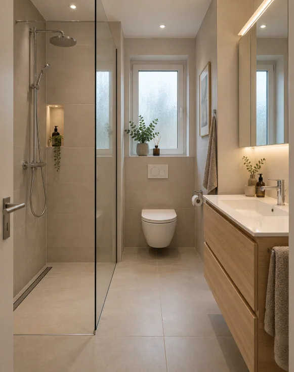 Badezimmer-Inspiration: kompakte Aufteilung mit Glasdusche