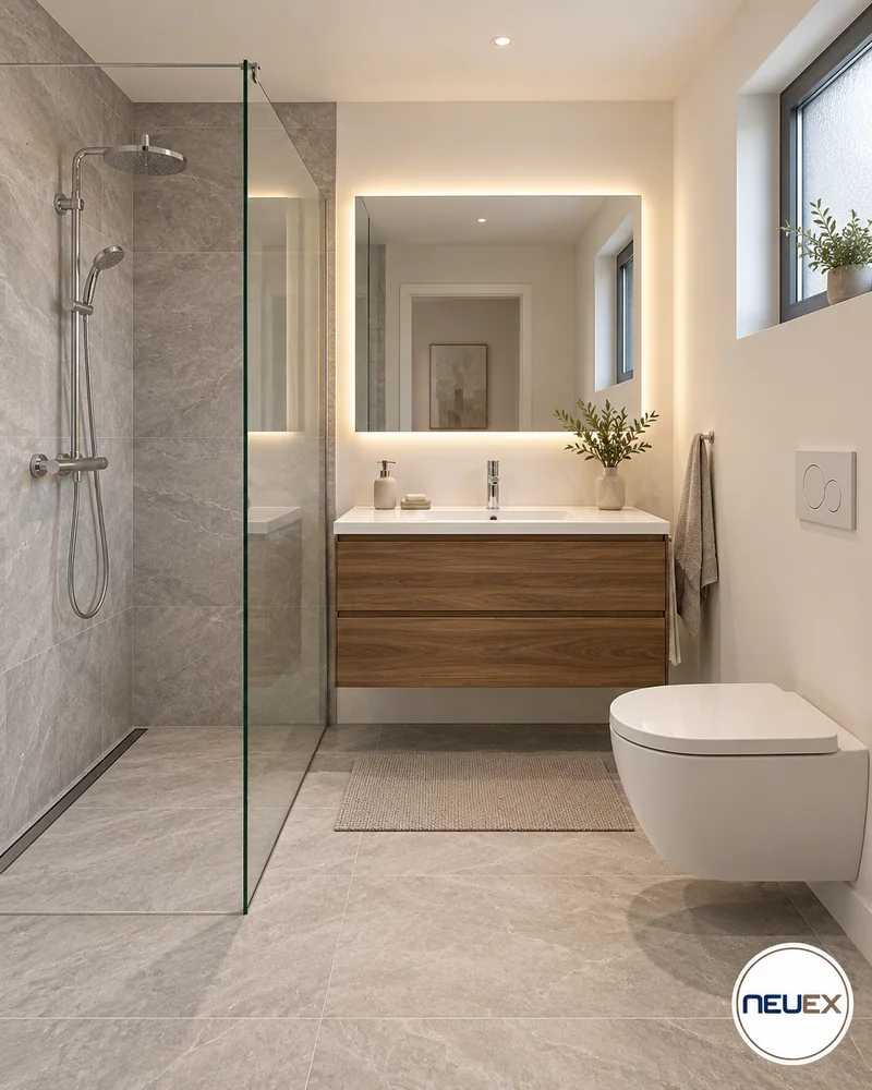 Badezimmer-Inspiration: dunkles Holz und eine Walk-in-Dusche
