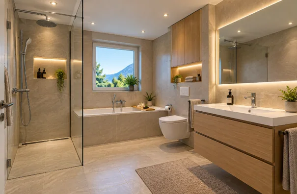 Badezimmer-Inspiration: beige Flächen mit warmem Holz