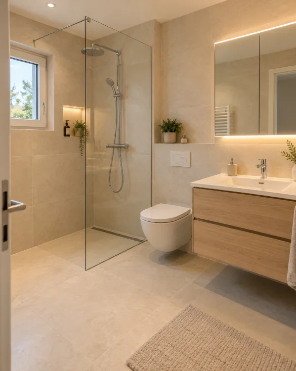 Badezimmer-Inspiration: helle Dusche mit Holzwaschtisch