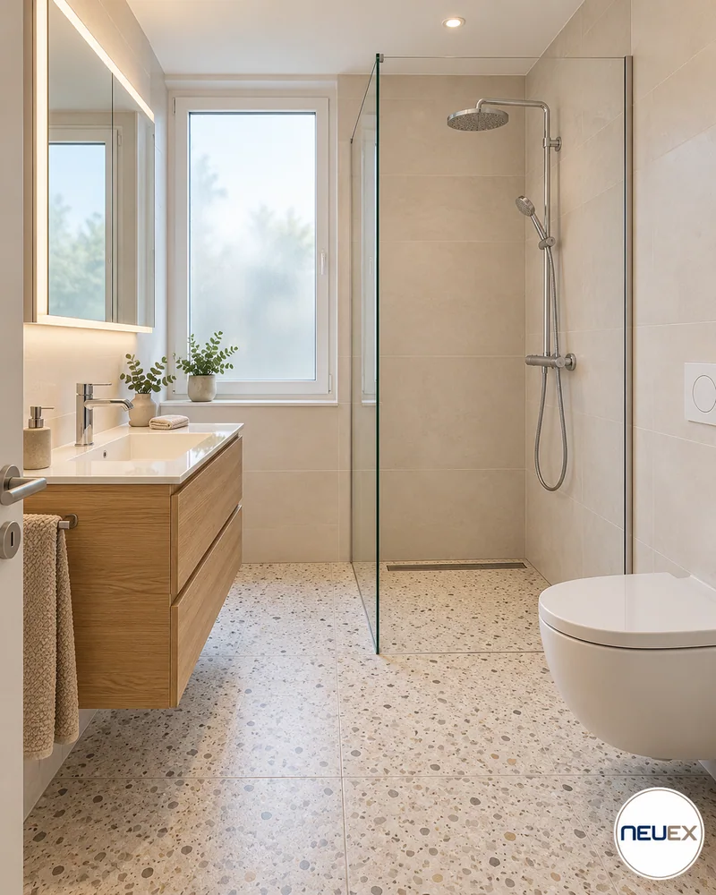 Badezimmer-Inspiration: terrazzo-Optik und warmer Waschplatz