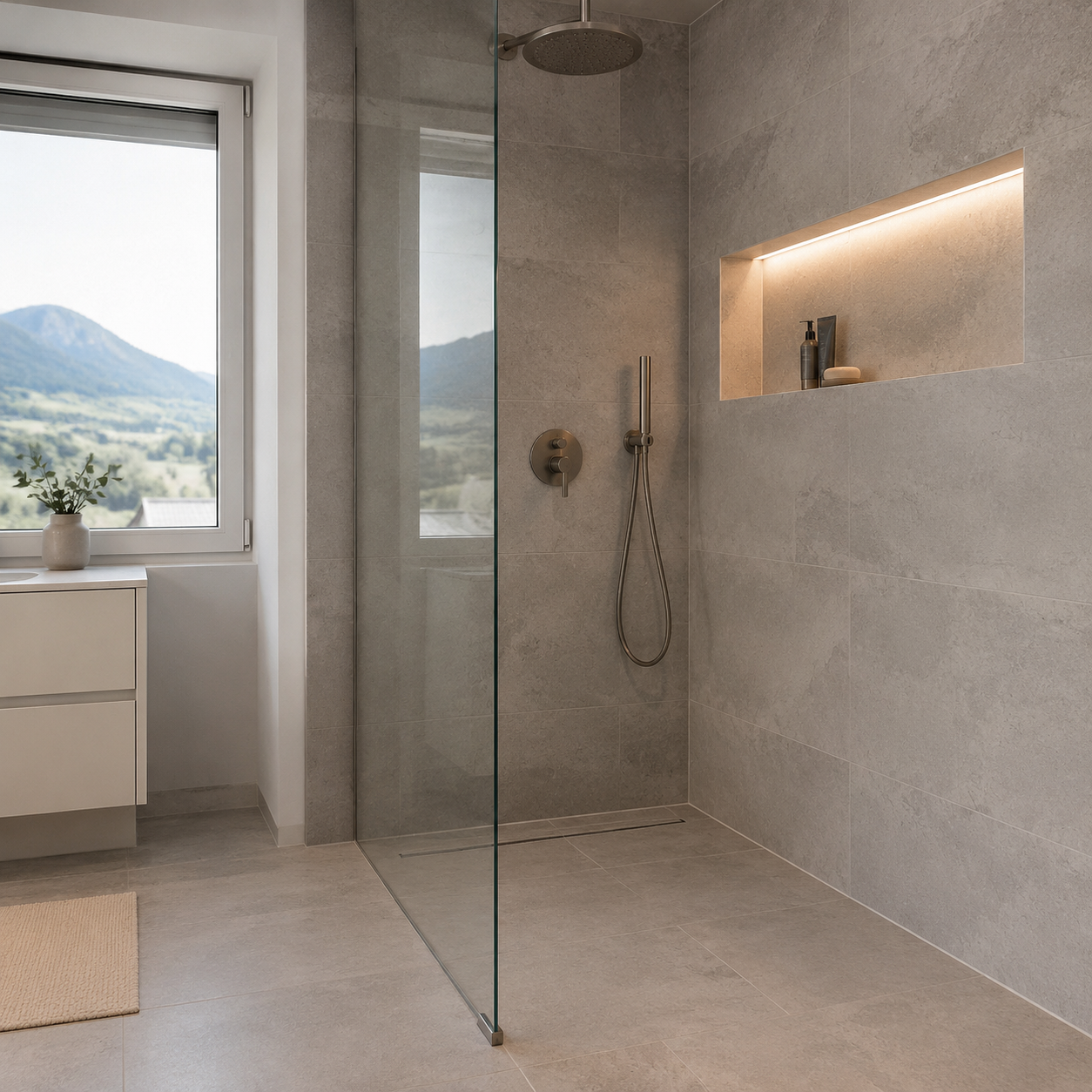 Bodengleiche Dusche mit Glaswand, Linienablauf und beleuchteter Wandnische