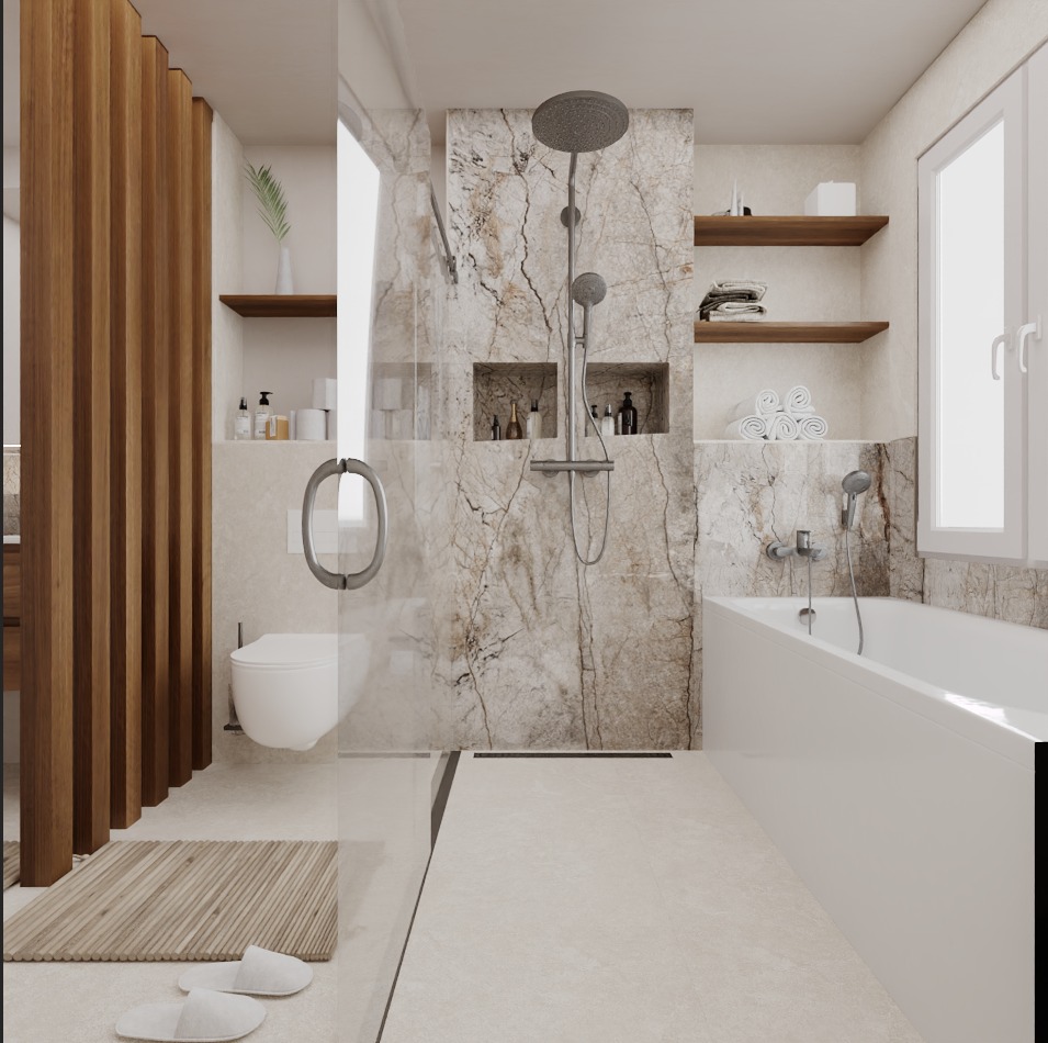 Planungsvisualisierung 2 für das Badezimmer in 8645 Jona: Dusche, Nischen & Materialwand