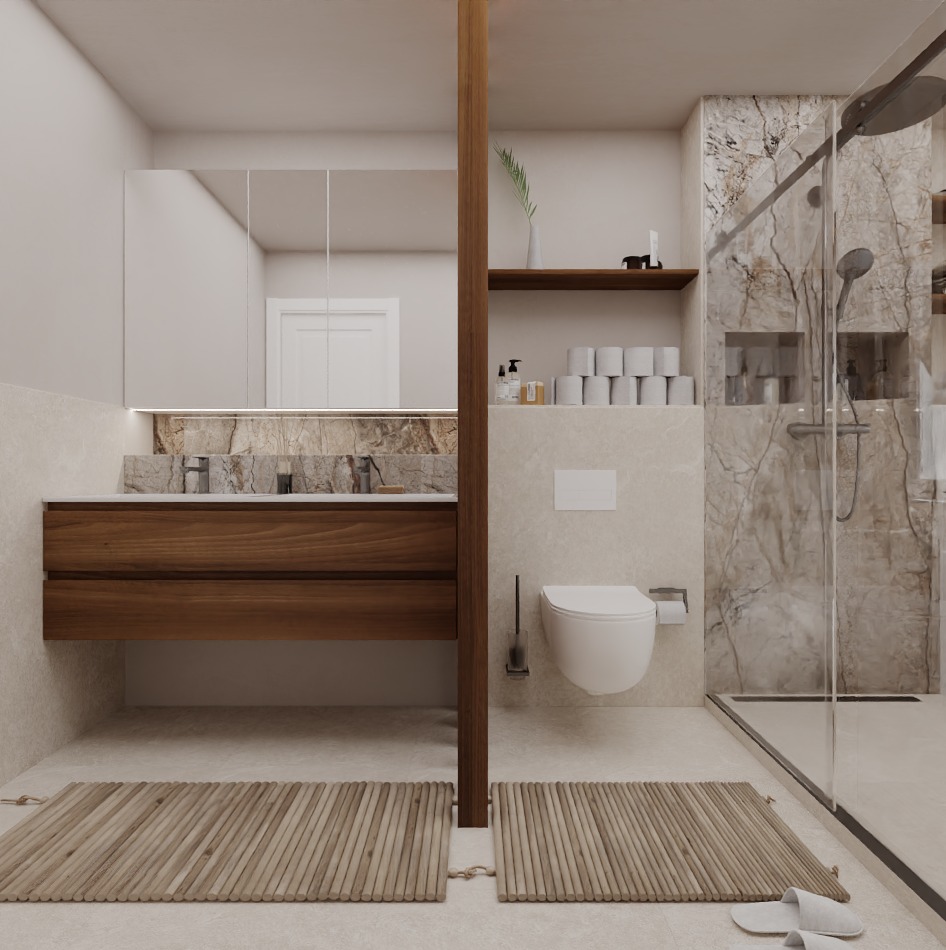 Planungsvisualisierung 3 für das Badezimmer in 8645 Jona: Waschtisch, WC & Raumteiler